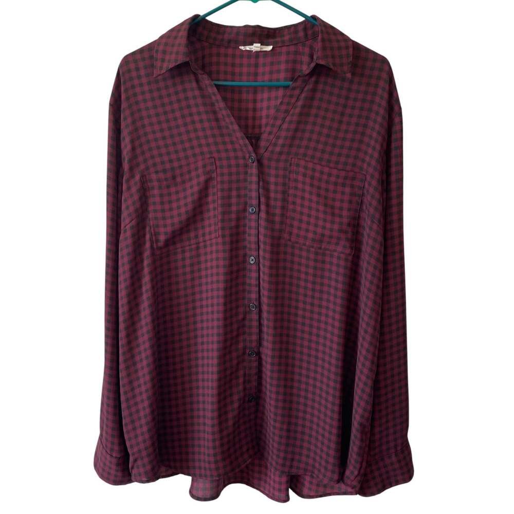 MAURICES Micro Check Button Down Blouse Red Purple Check Size XXL